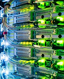 Equipos de red montados en rack con sus indicadores luminosos encendidos